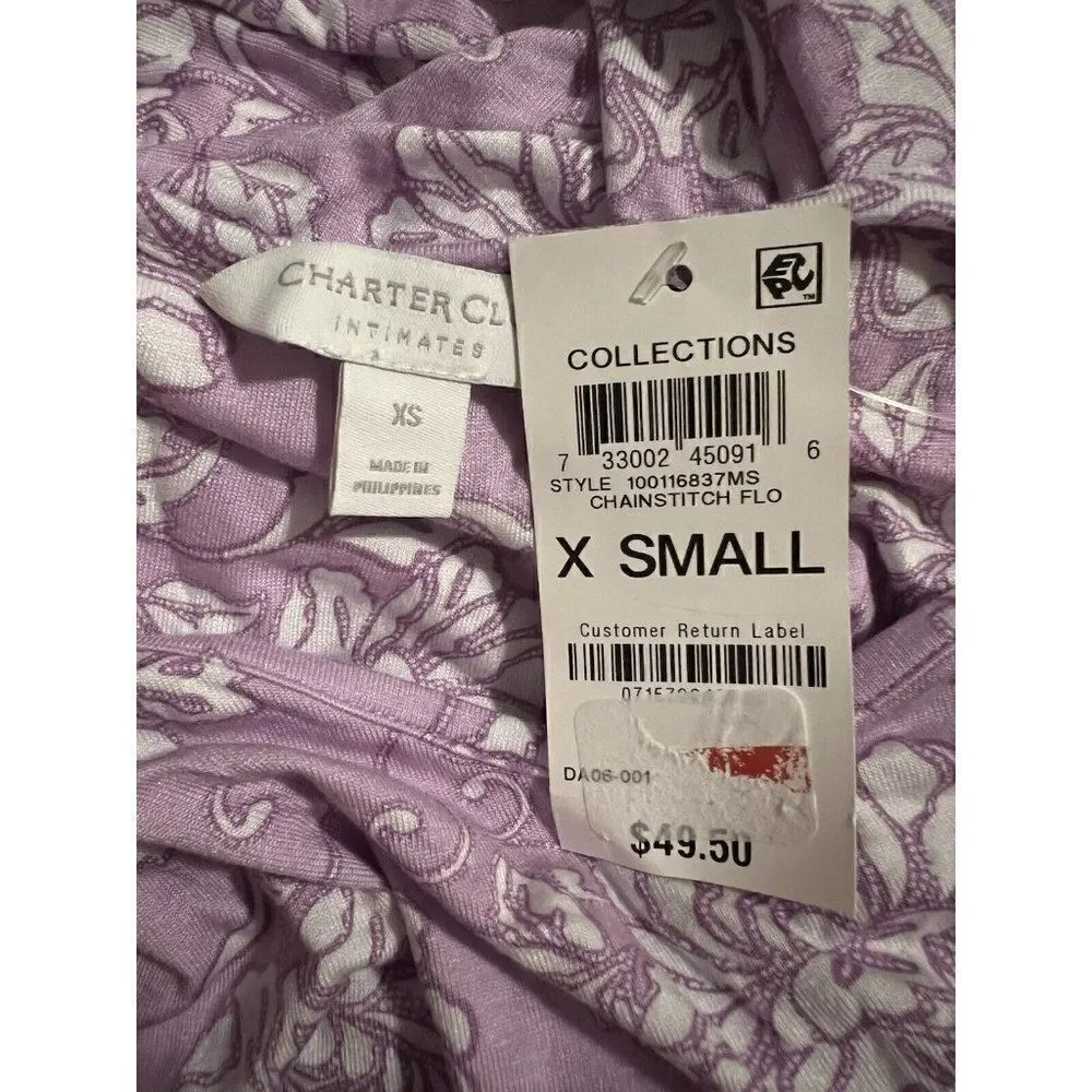 Charter Club Purple Chainstitch Floral Lace-Sleeve Chemise Nightgown XS NWT